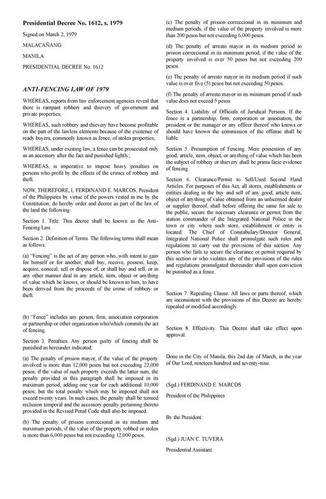 Presidential Decree No. 1612, s. 1979 .